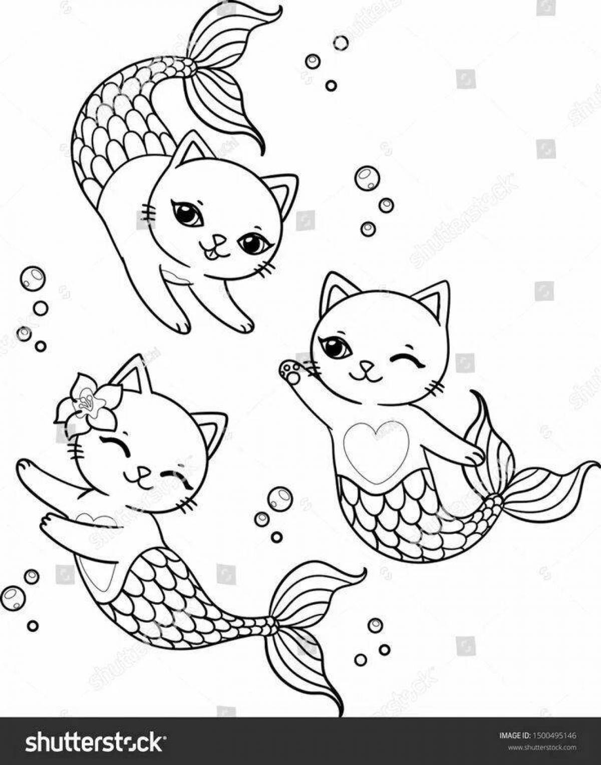 Poetic mermaid cat coloring book