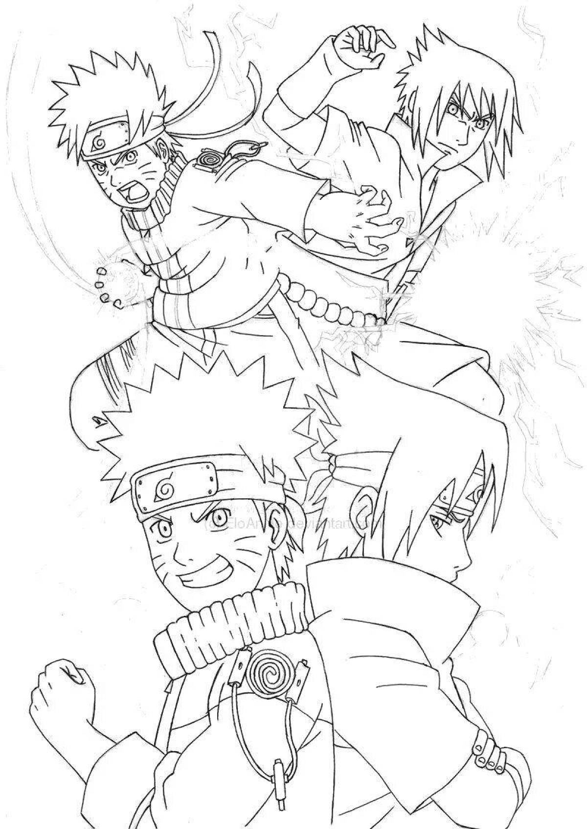A colorfully illustrated naruto and sasuke coloring page