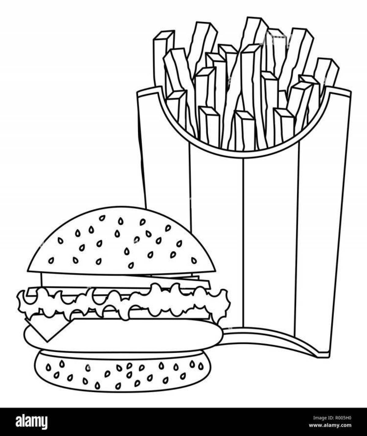 Красочная страница раскраски бургеров и картофеля фри
