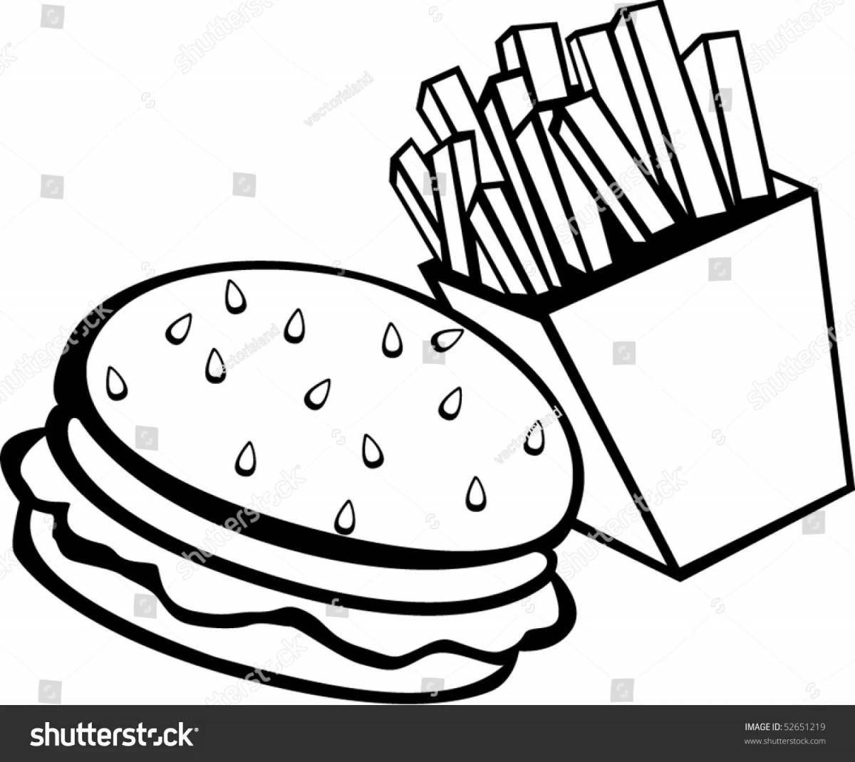 Delicious burger and fries coloring page