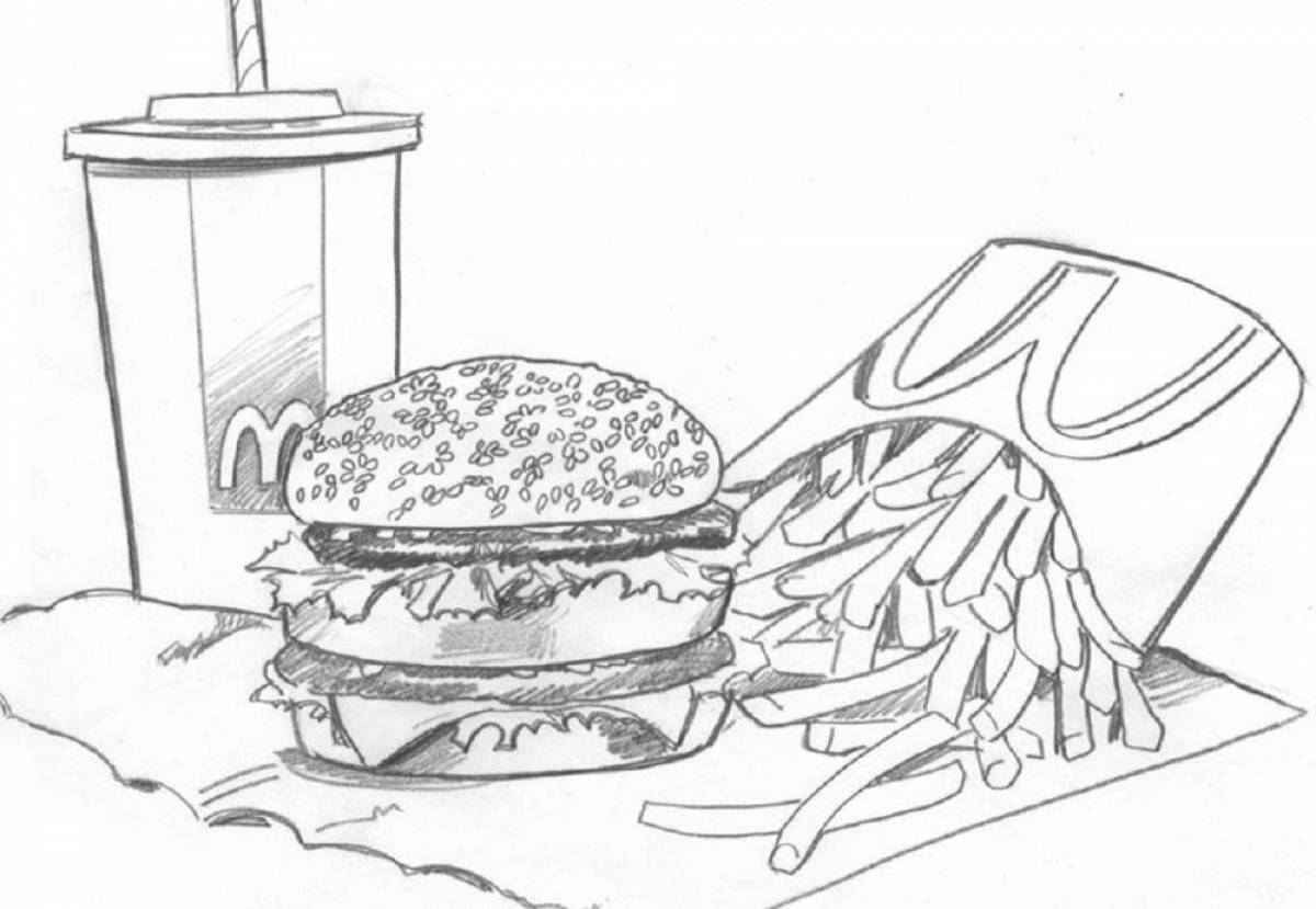 Tempting burger and fries coloring page
