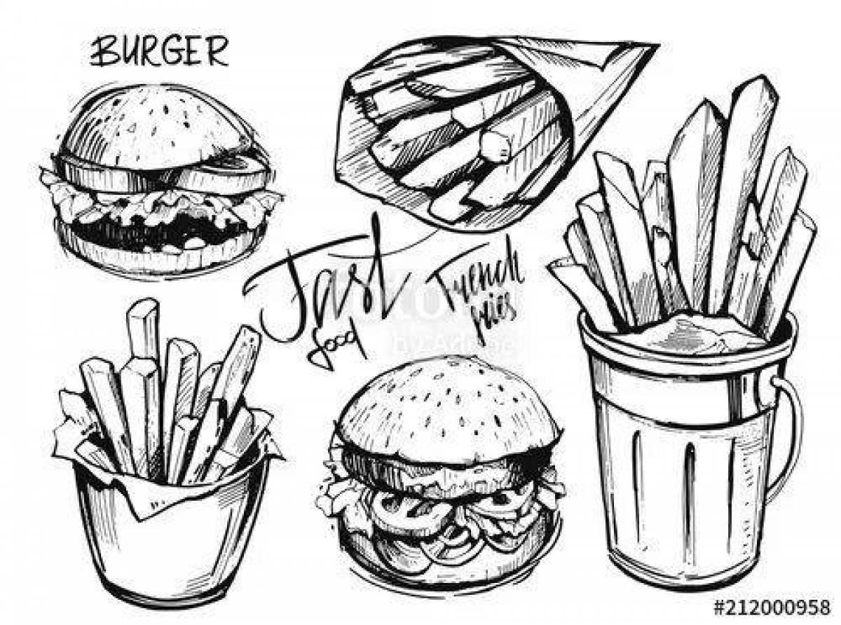 Luscious burger and fries coloring page