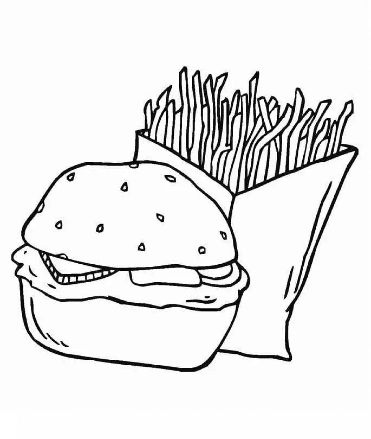 Spicy burger and french fries coloring page