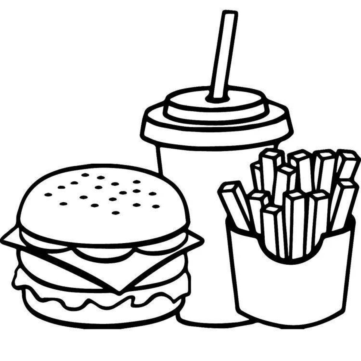 Coloring page juicy burger and french fries