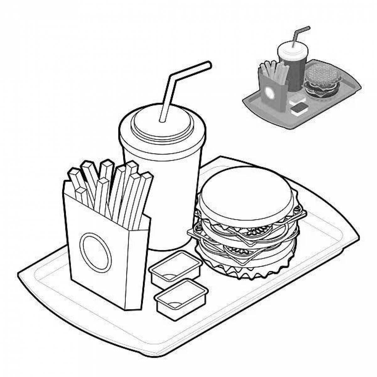 Delicious burger and fries coloring page