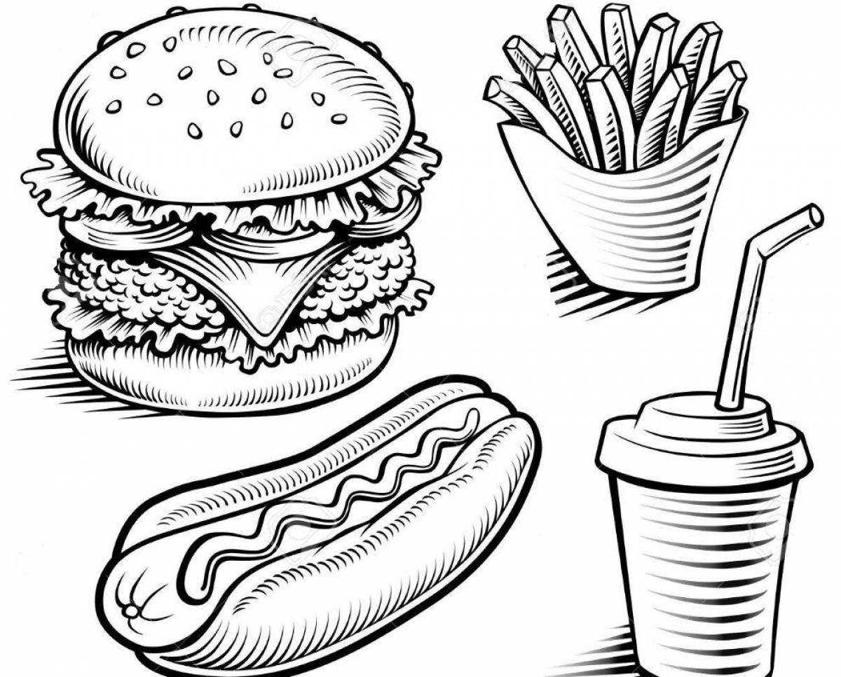 Coloring page attractive burger and french fries