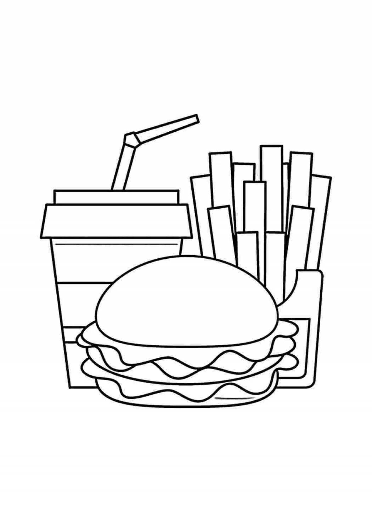 Заманчивая страница раскраски бургеров и картофеля фри