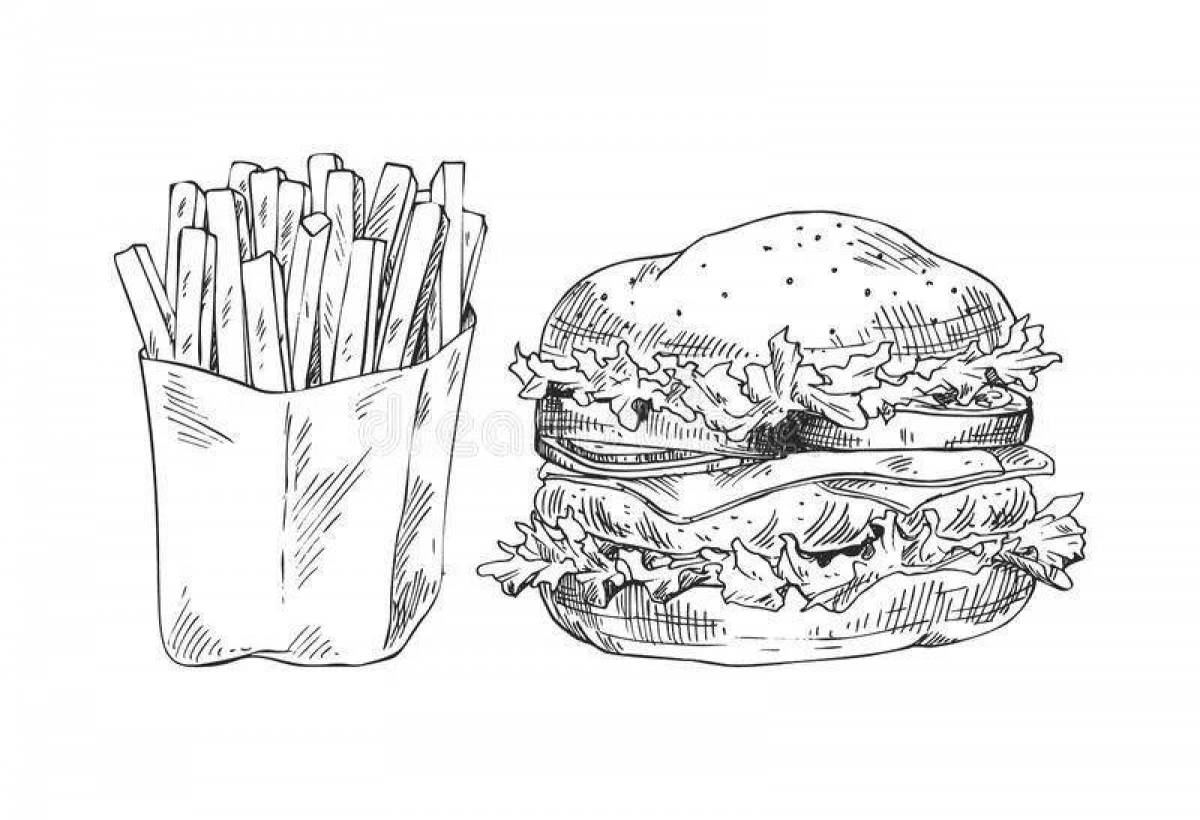 Coloring book hearty burger and french fries