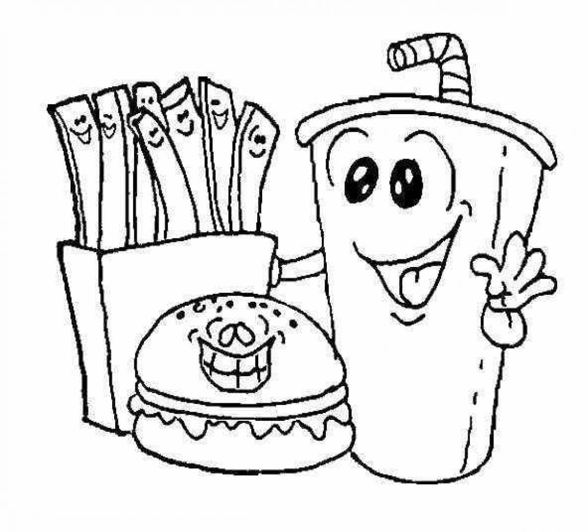 Coloring book nut burger and french fries