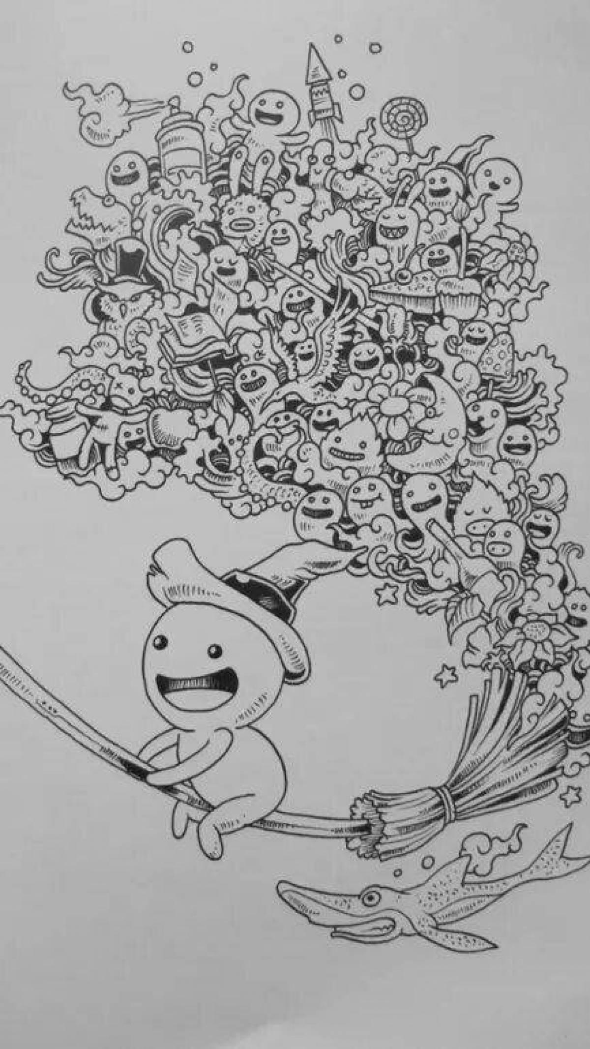 Joyful doodle invasion coloring page