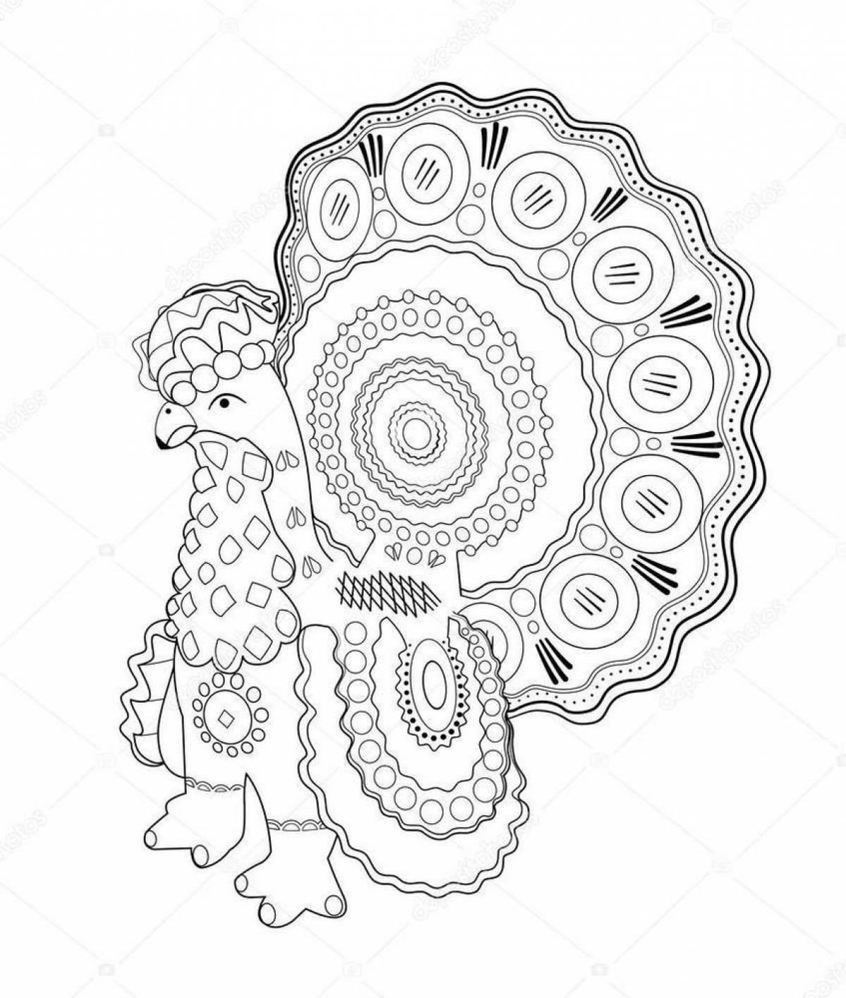 Coloring page festive Dymkovo rooster