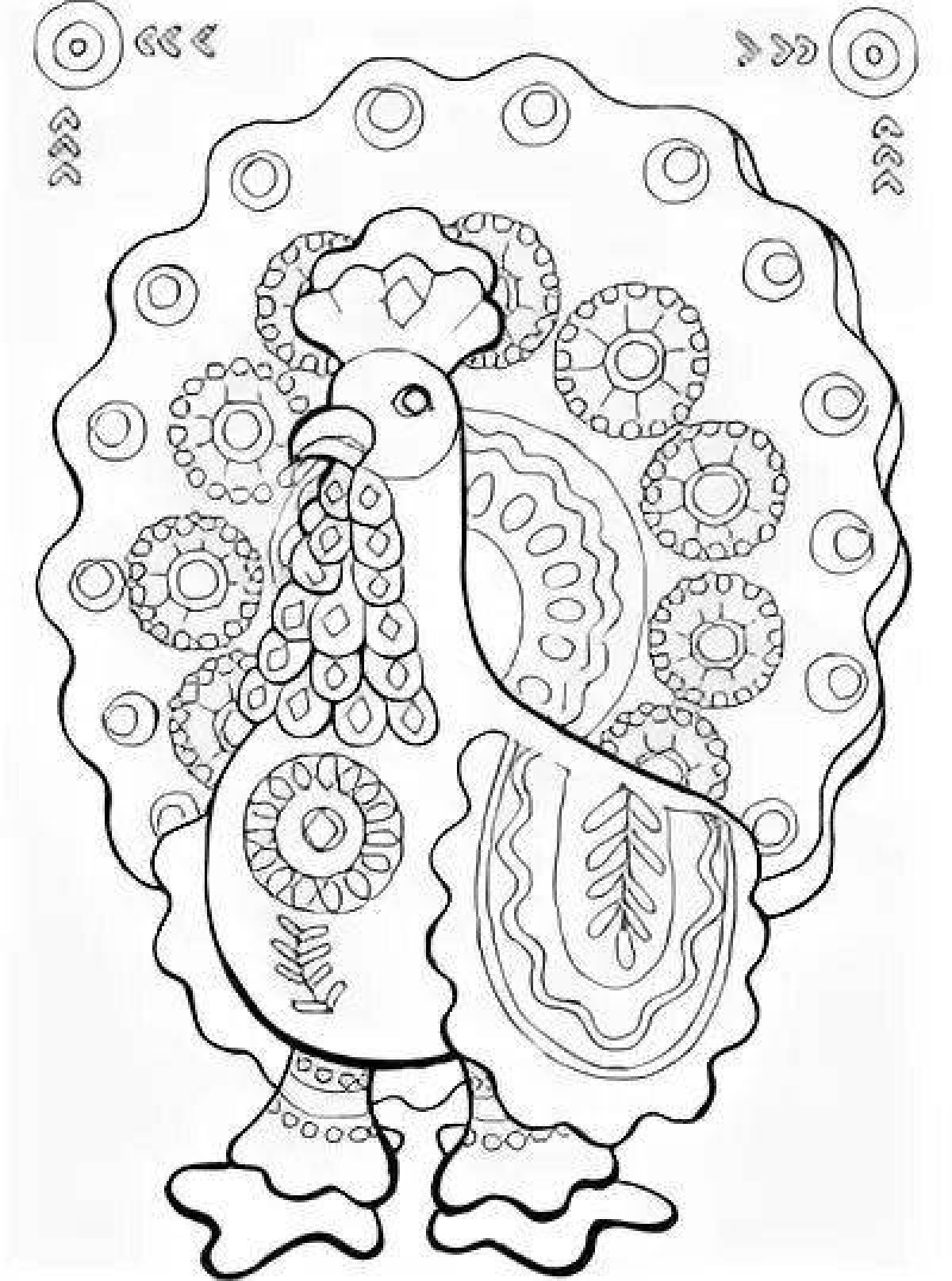 Coloring book shiny Dymkovo rooster