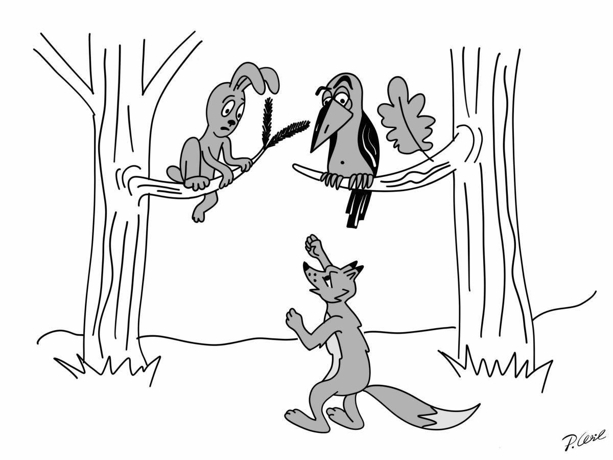 Adorable crow and fox coloring page