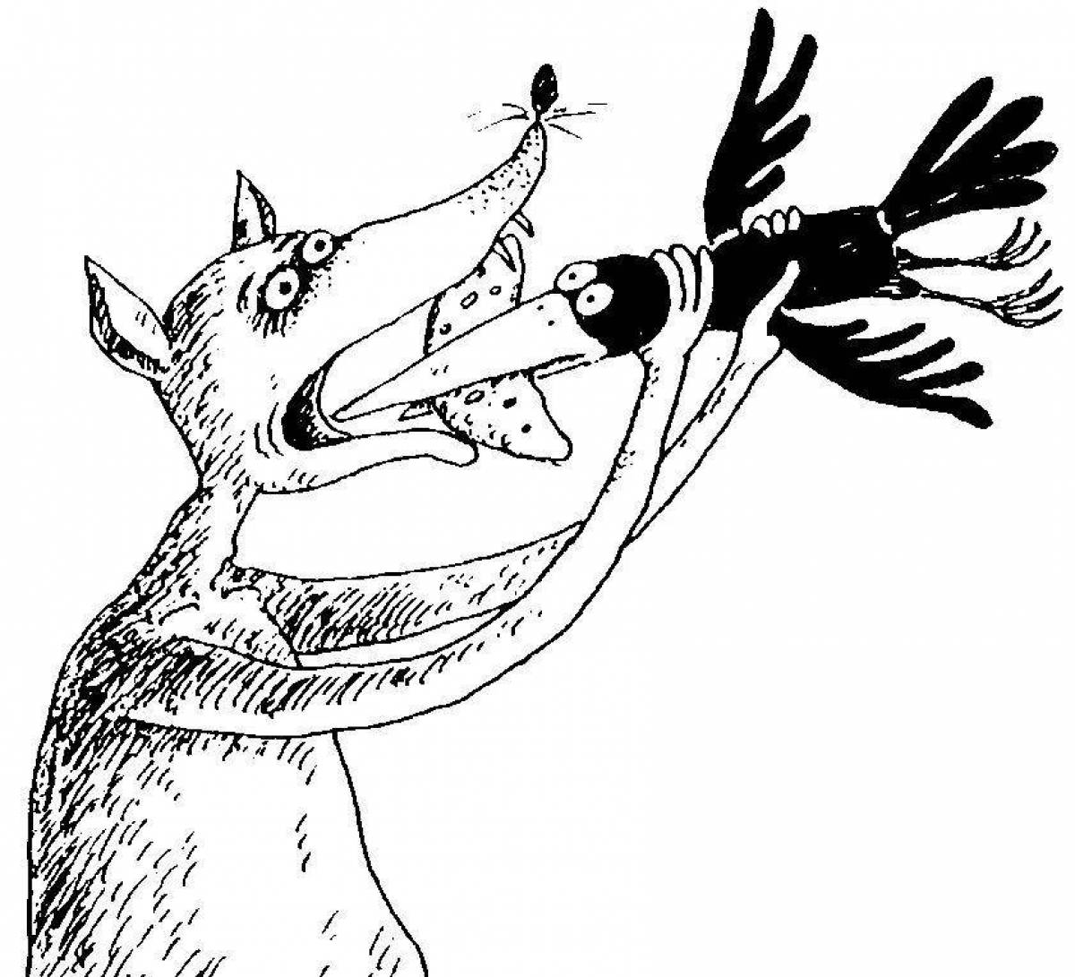 Fancy crow and fox coloring page