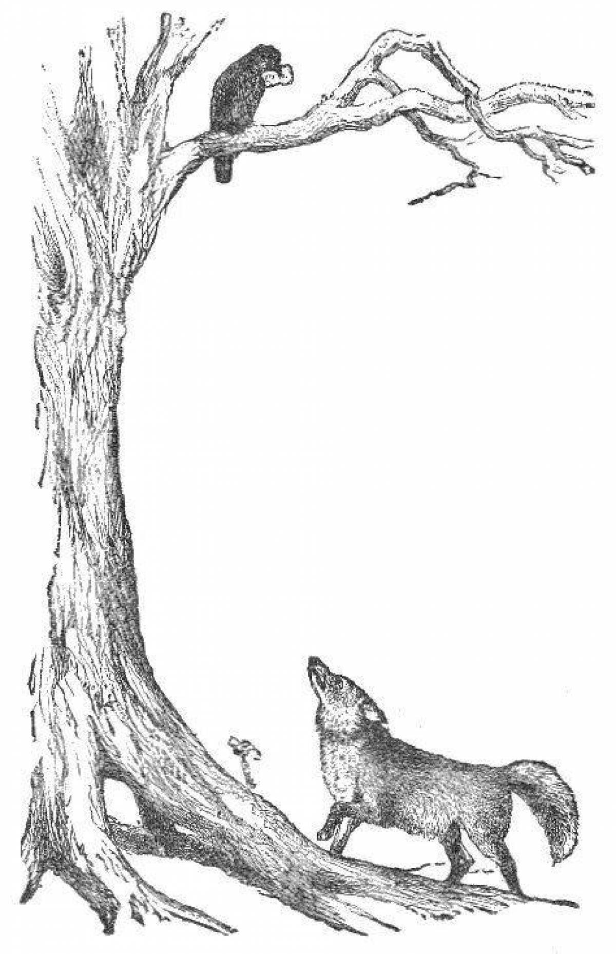 Coloring book beckoning crow and fox