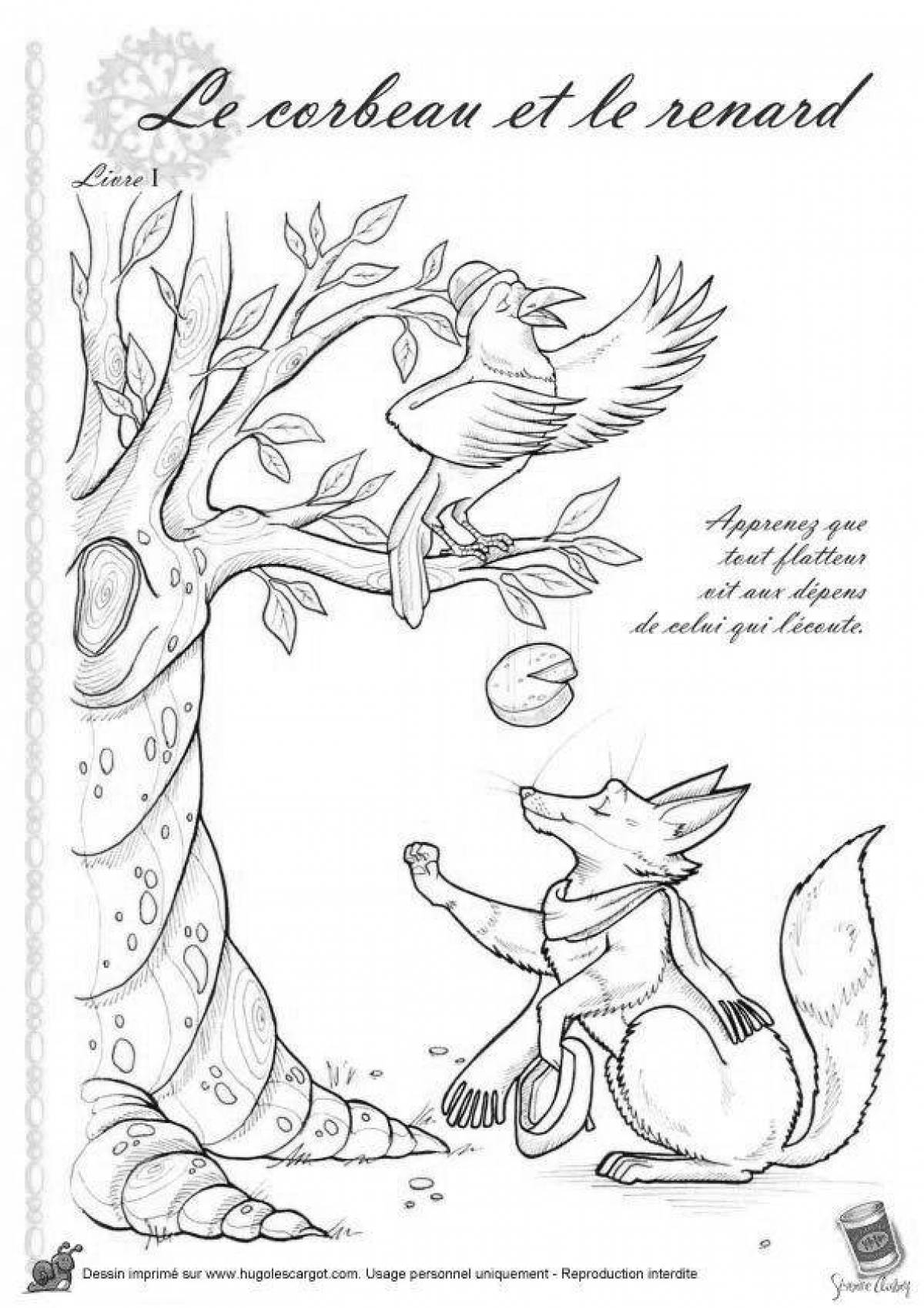 Radiant crow and fox coloring page