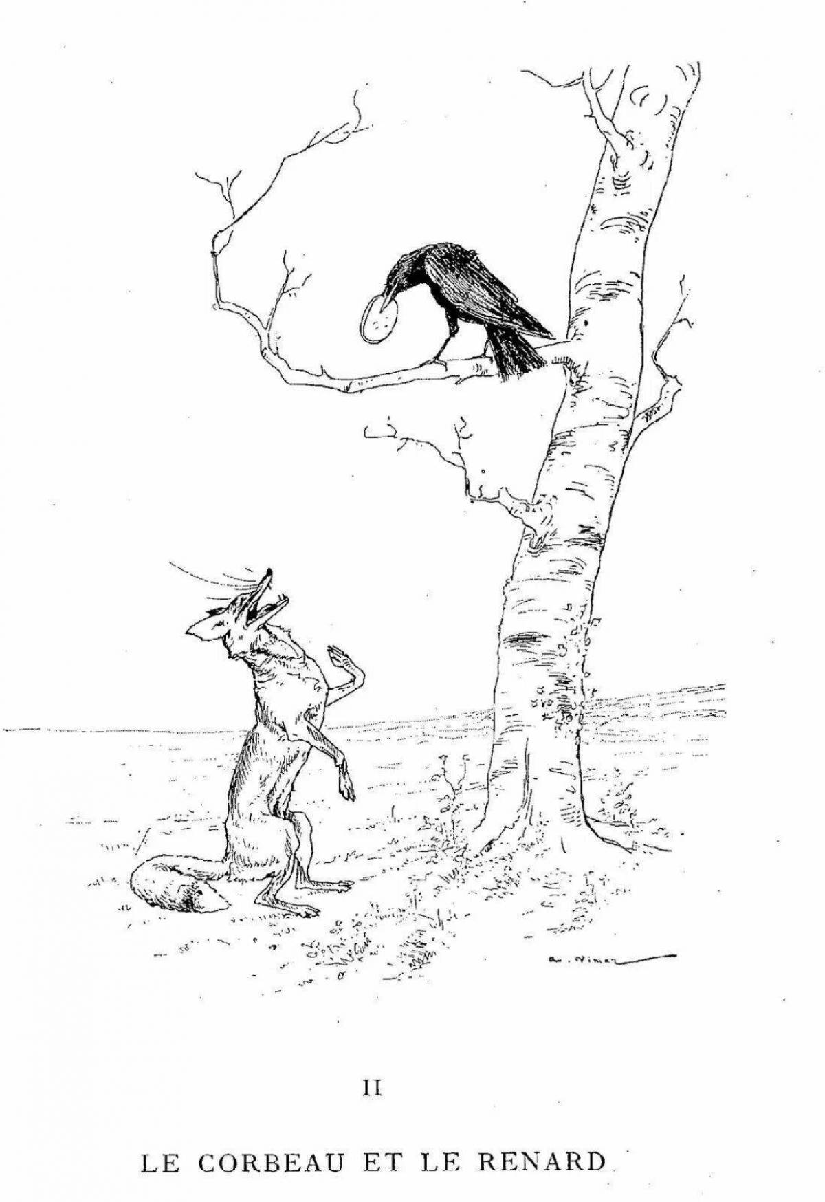 Exotic crow and fox coloring page