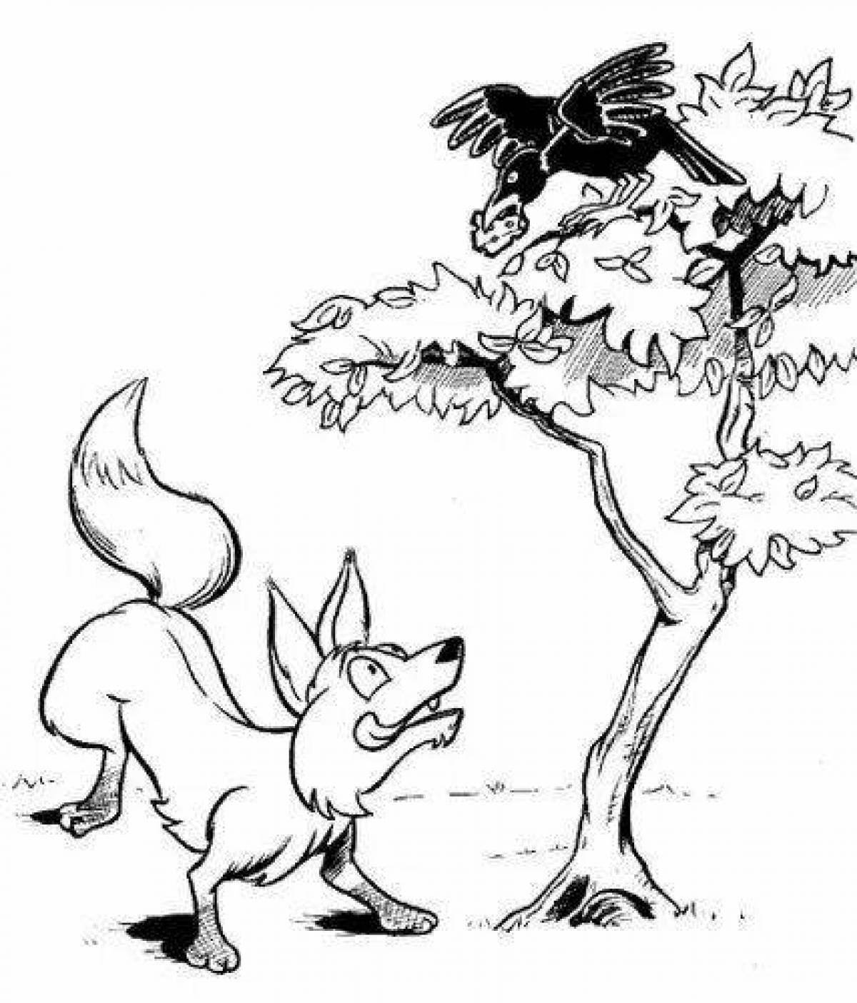 Magic crow and fox coloring page