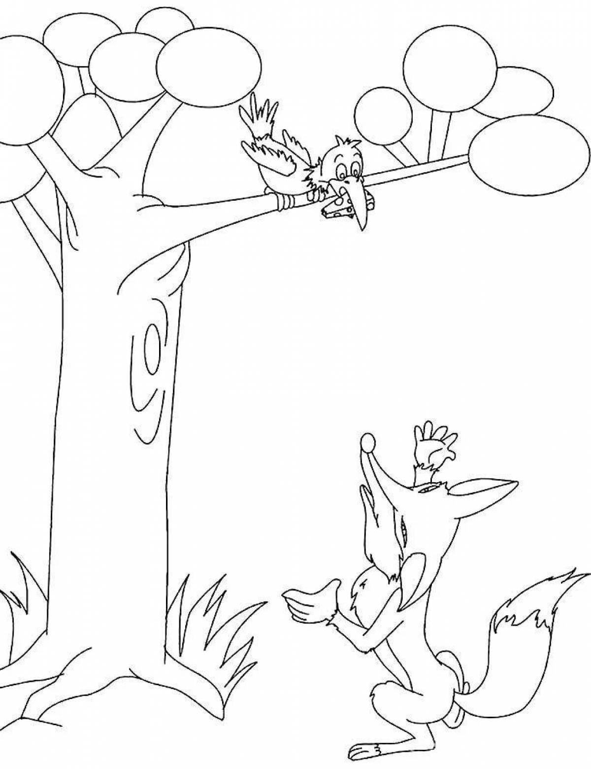 Dreamy crow and fox coloring page