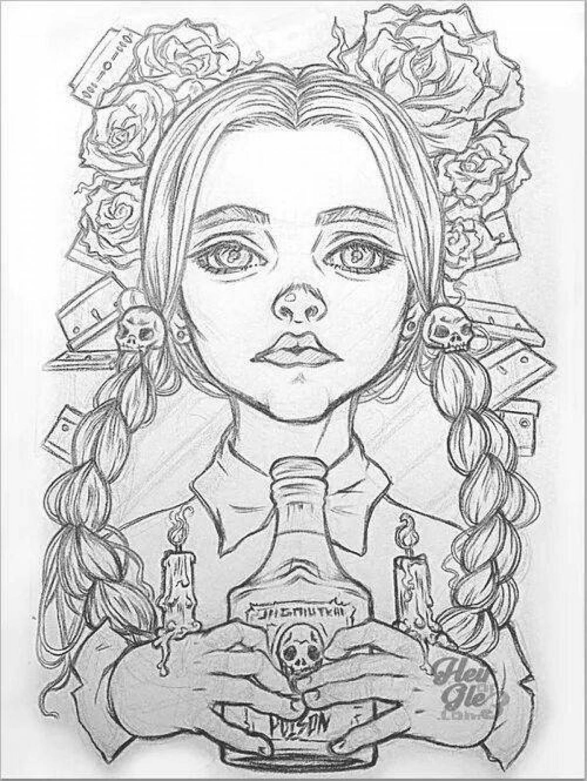 Colorful Addams Wednesday Coloring Page