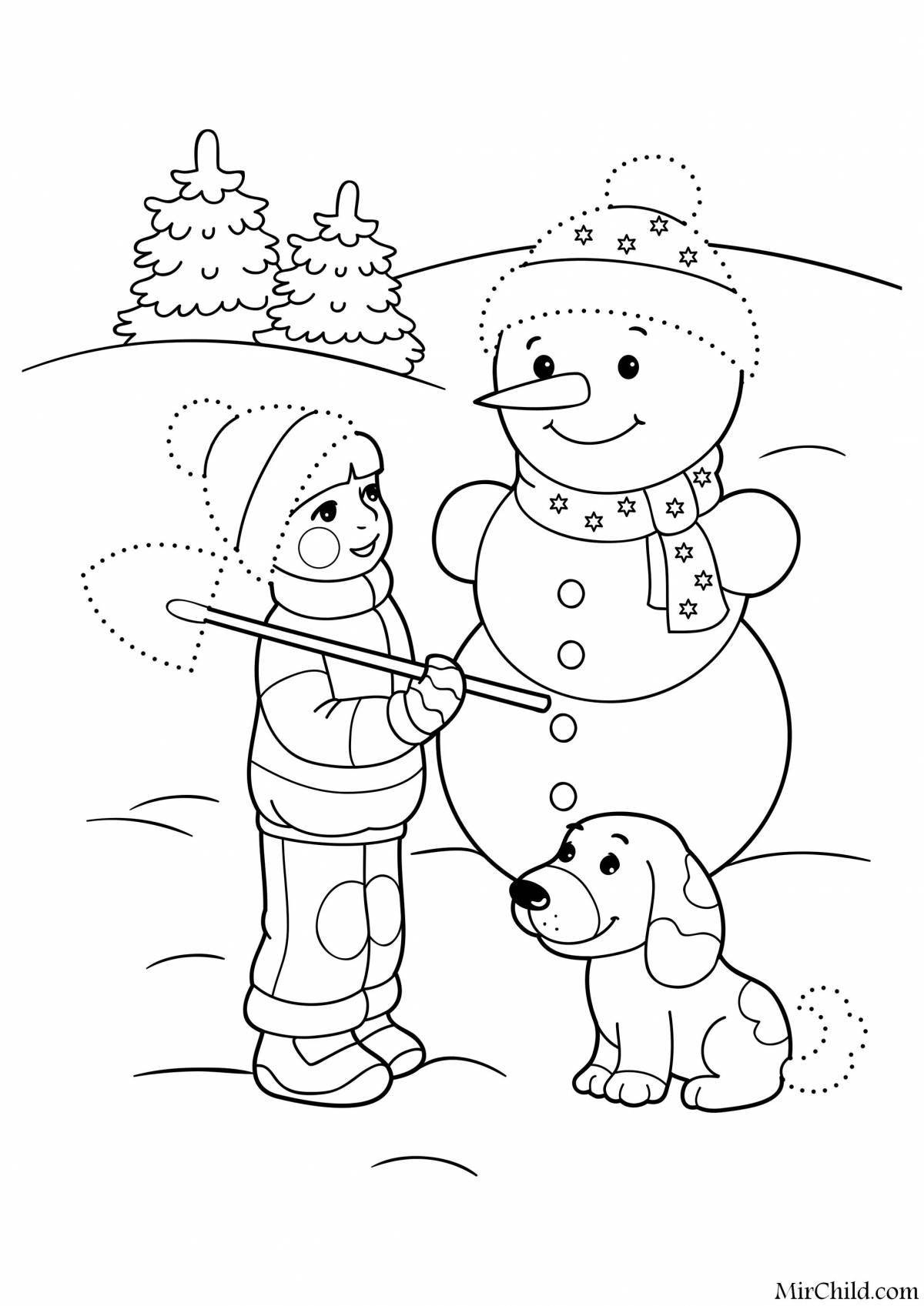 Праздничная раскраска снеговик для детей 6-7 лет