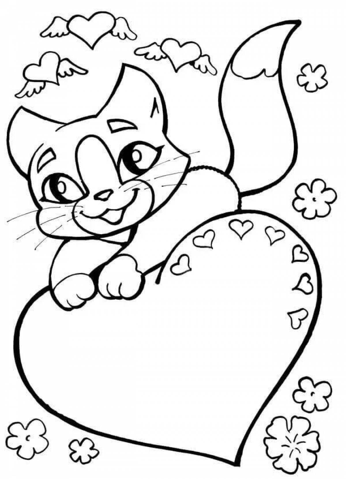 Coloring page funny cat with a heart
