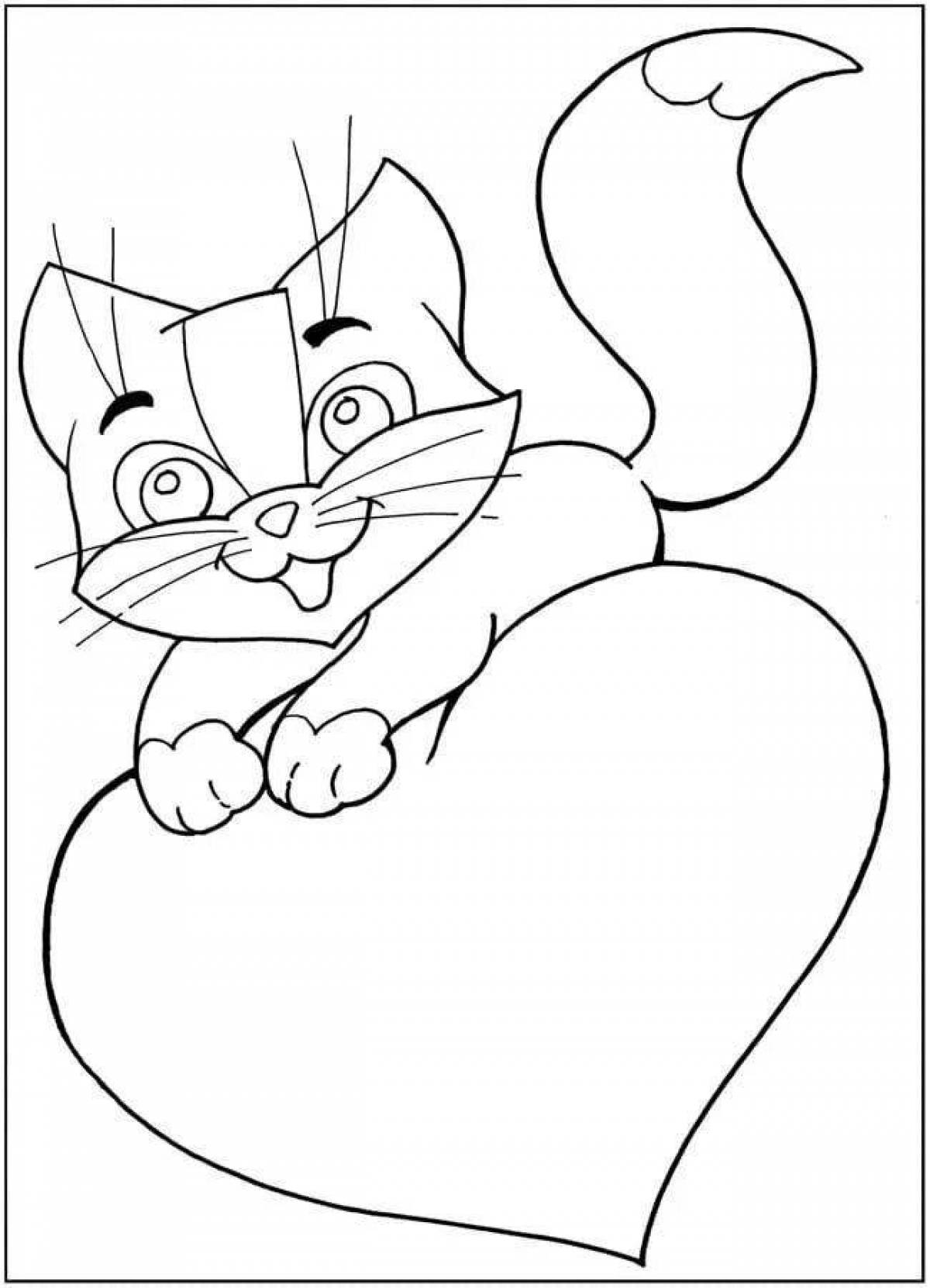 Coloring page smiling cat with a heart