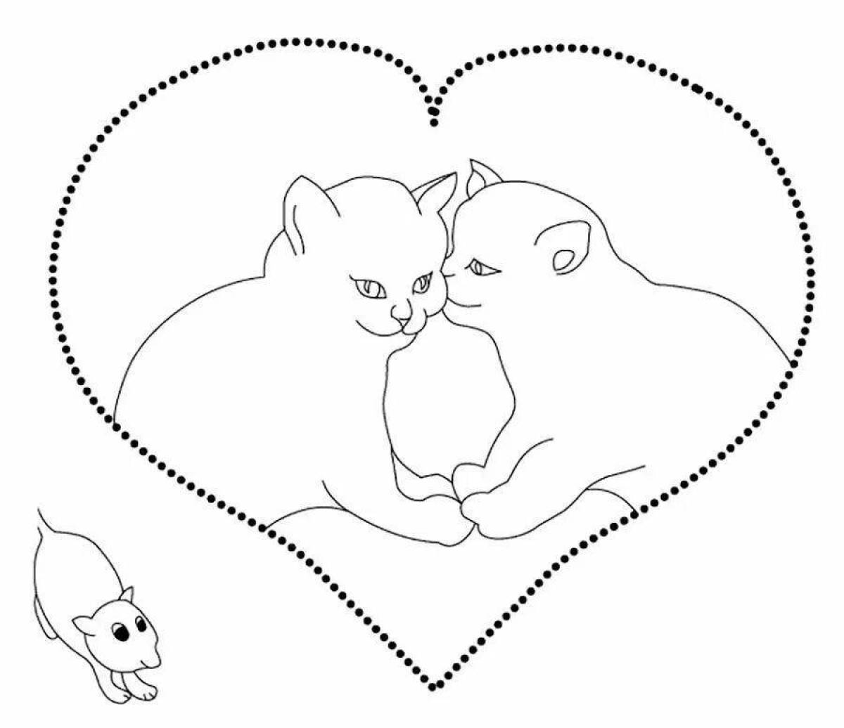 Coloring page inquisitive cat with a heart