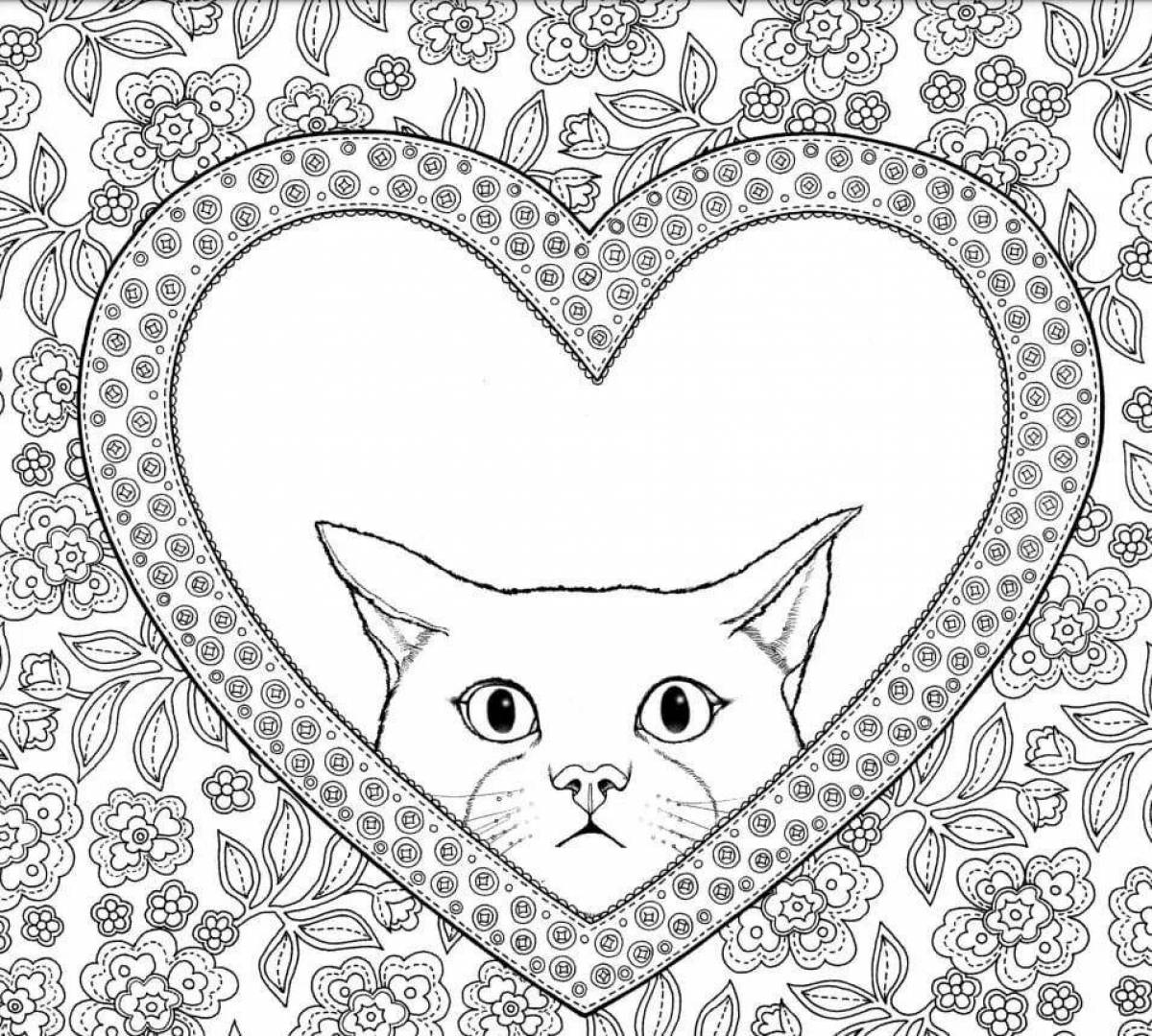Раскраска величественный кот с сердечком