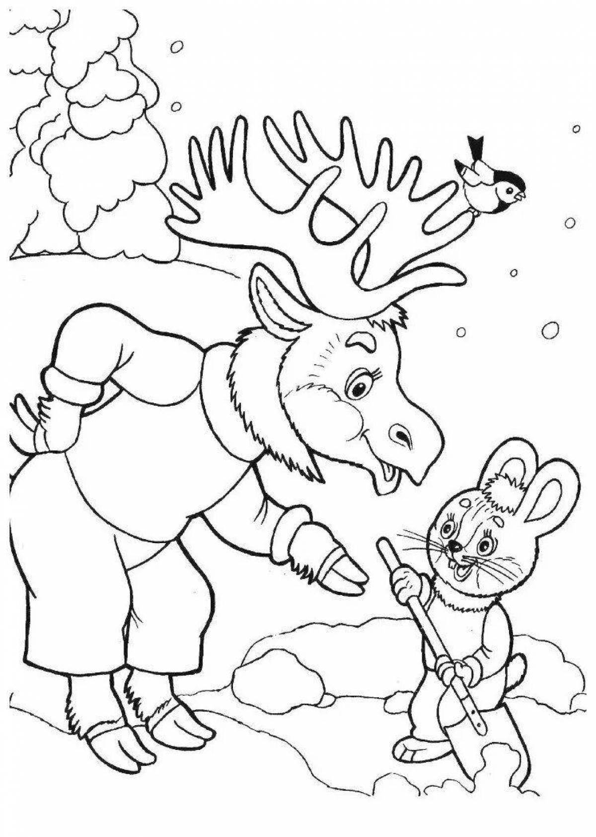 Colourful animal coloring pages for kids in winter
