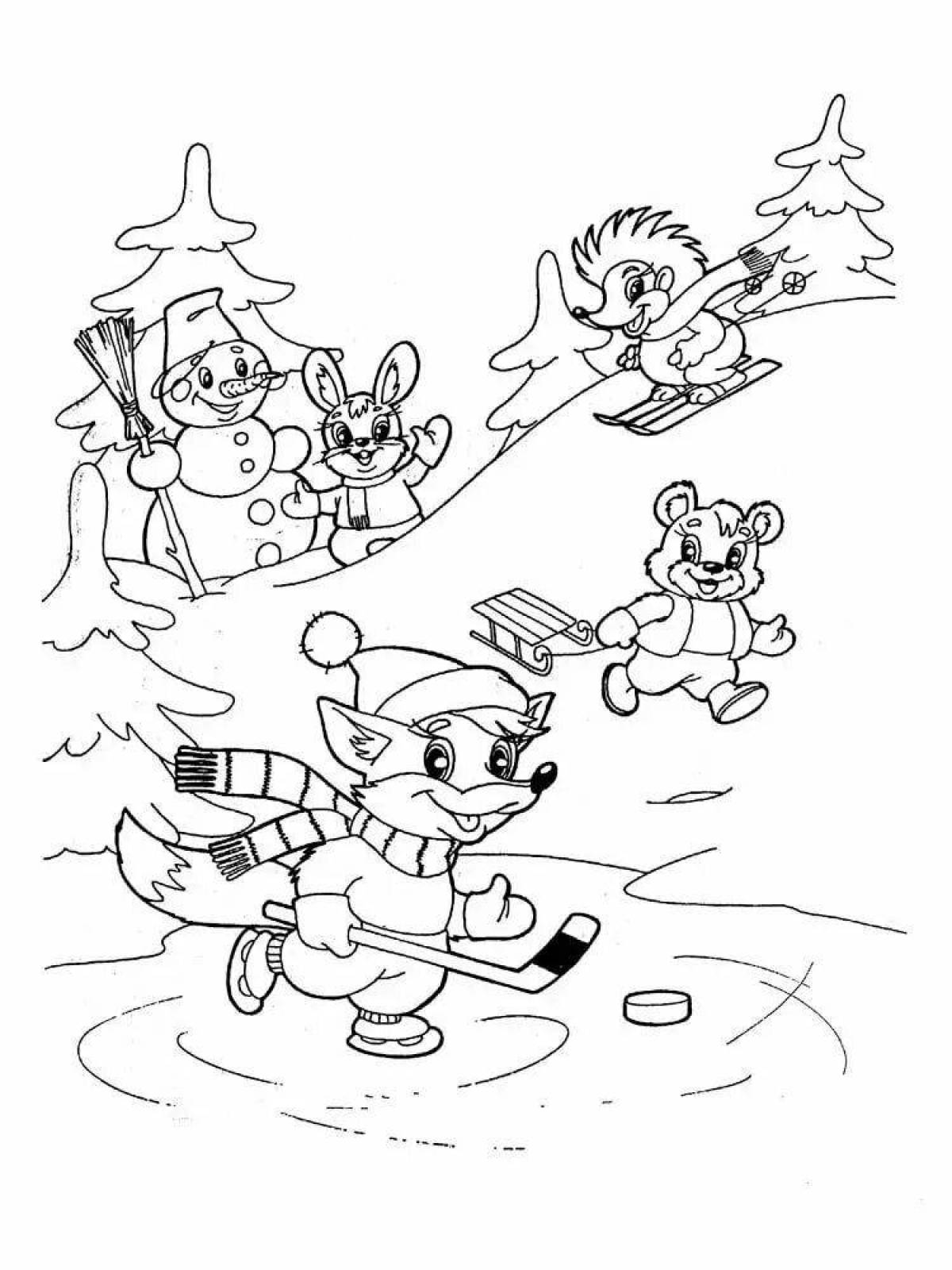 Adorable animal coloring book for kids in winter