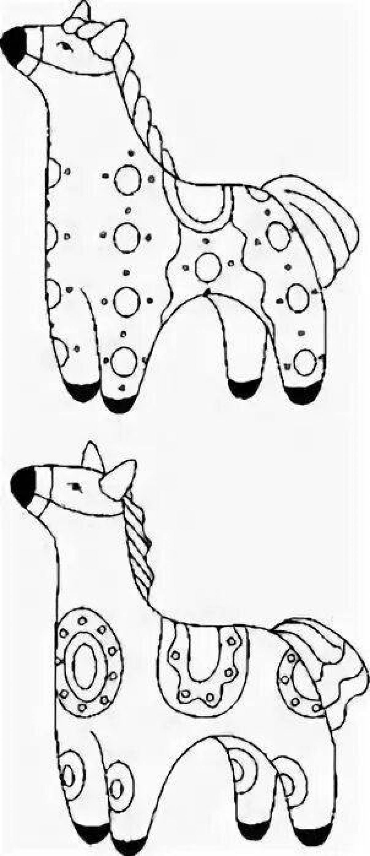 Coloring book funny Dymkovo horse for children