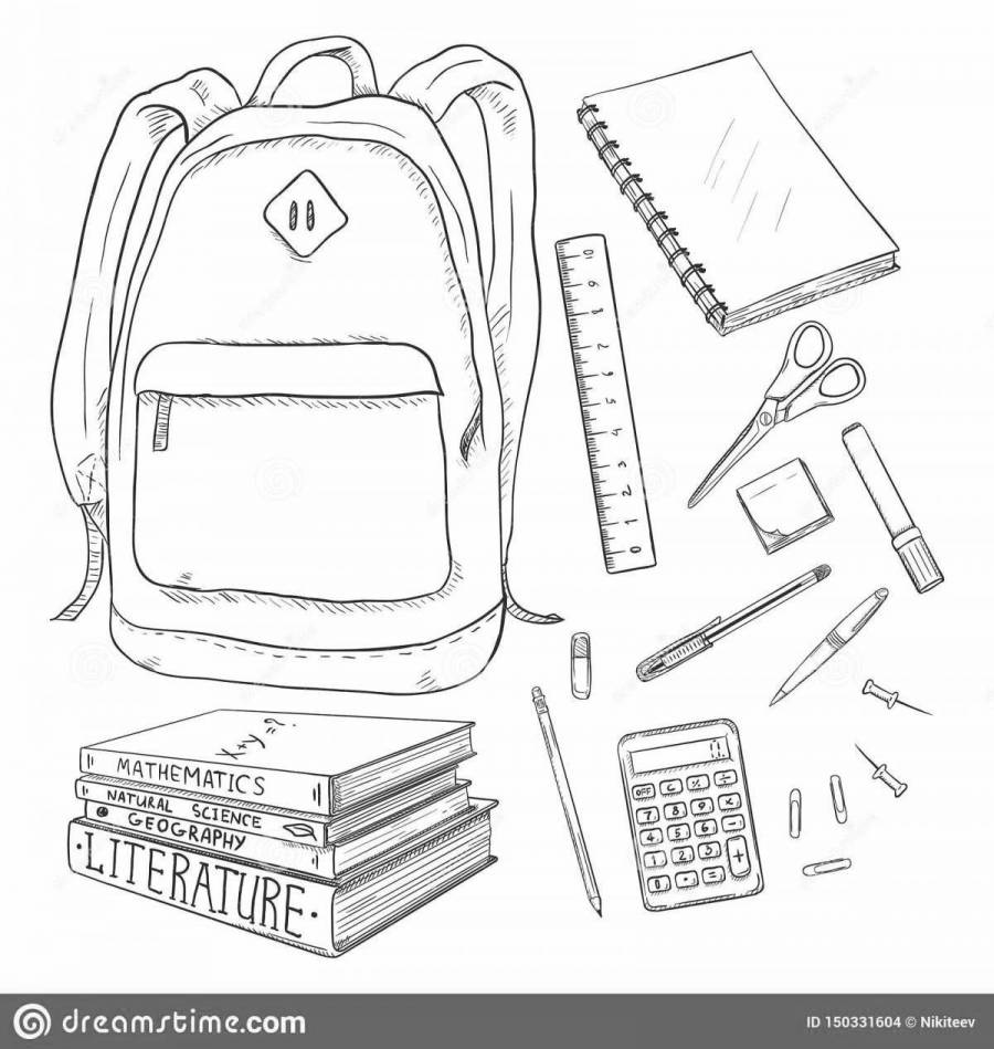 Нарисовать рюкзак школьный с принадлежностями