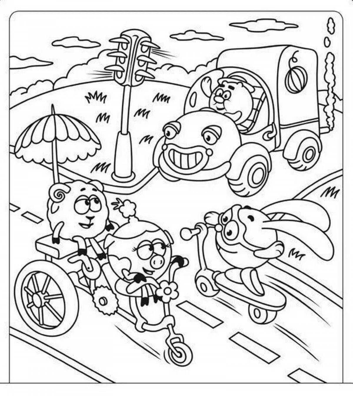 Раскраска по правилам дорожного движения для детей со Смешариками
