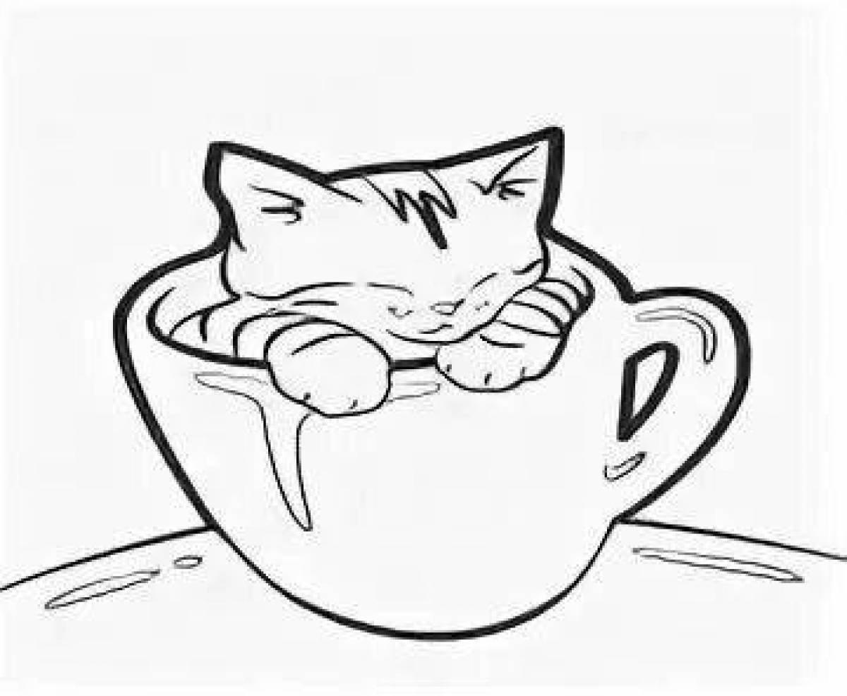 Раскраска кошка в чашке