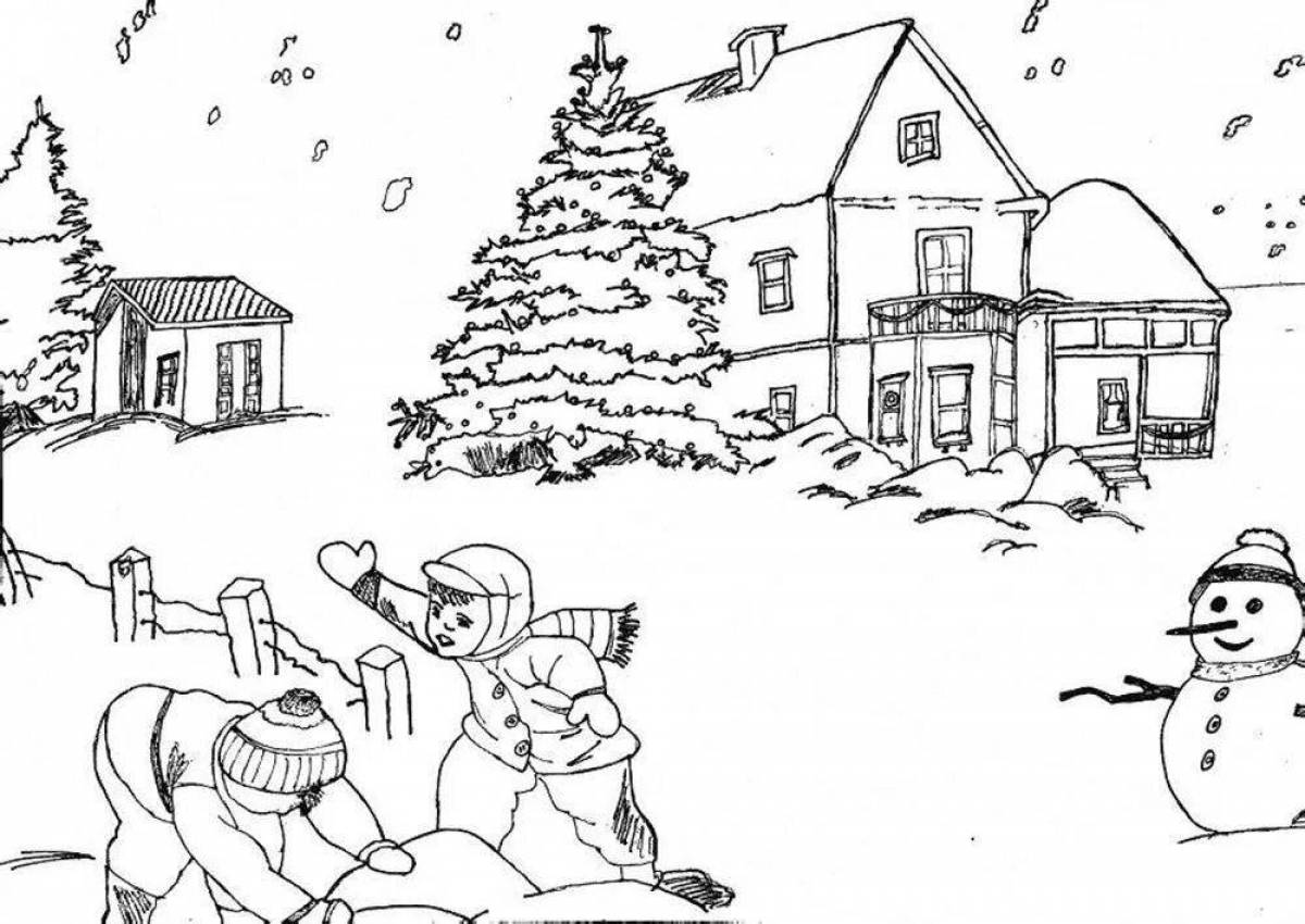 Веселый зимний пейзажный рисунок для детей