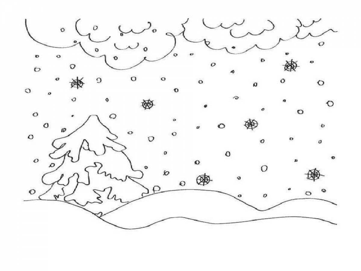 Причудливый рисунок зимнего пейзажа для детей