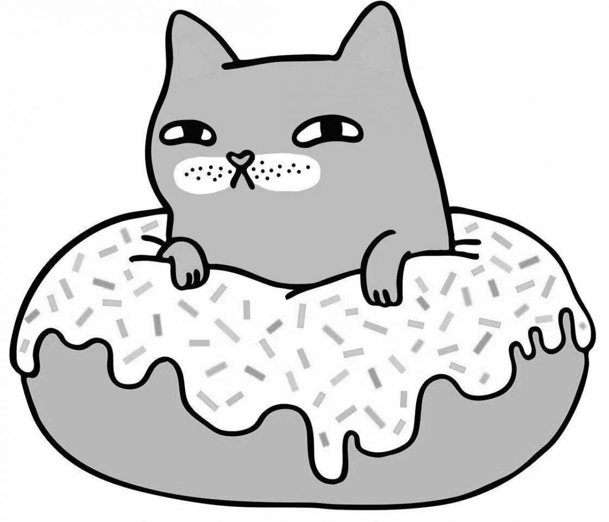 Fancy cat donut coloring page