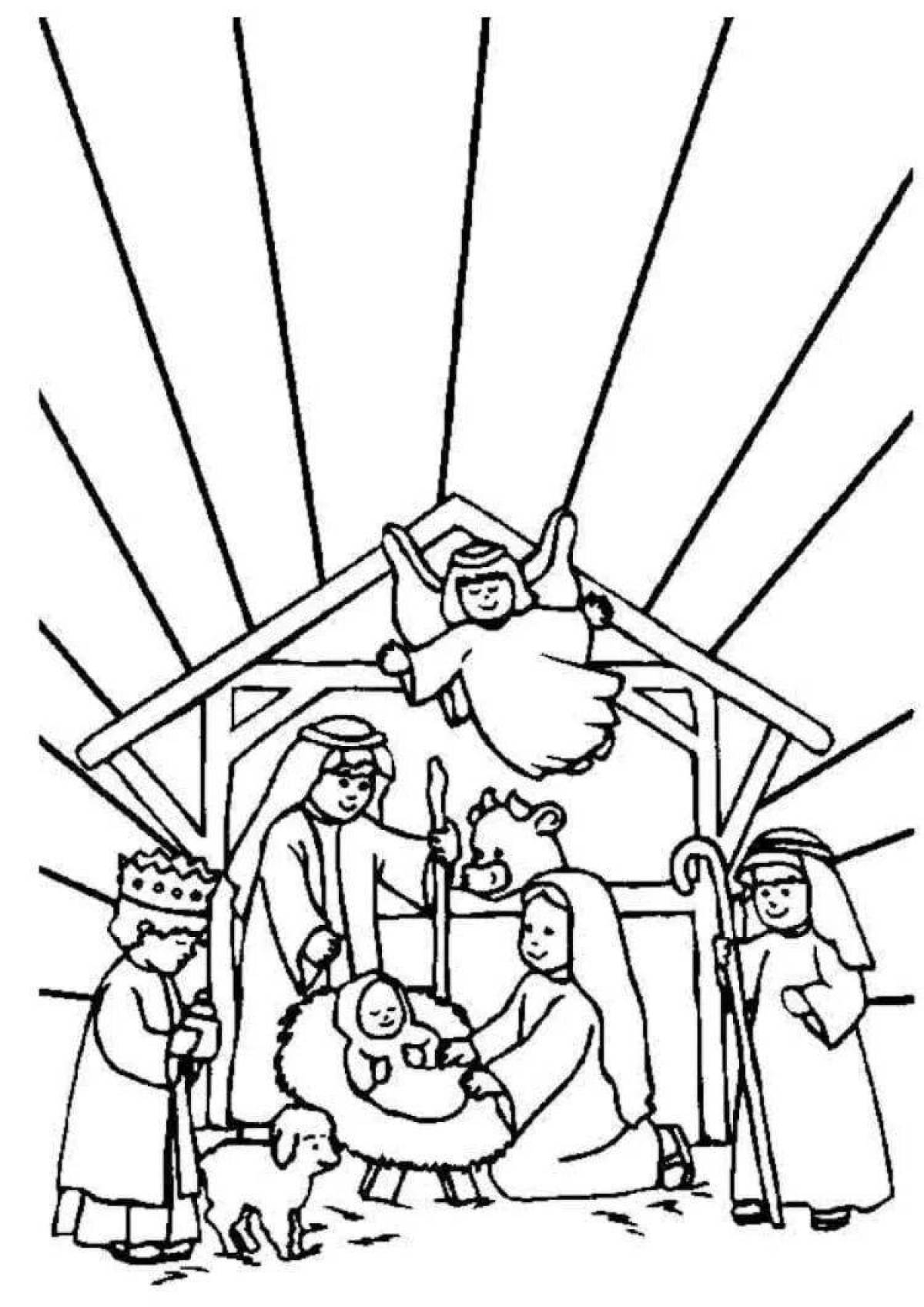 Large coloring nativity scene for kids