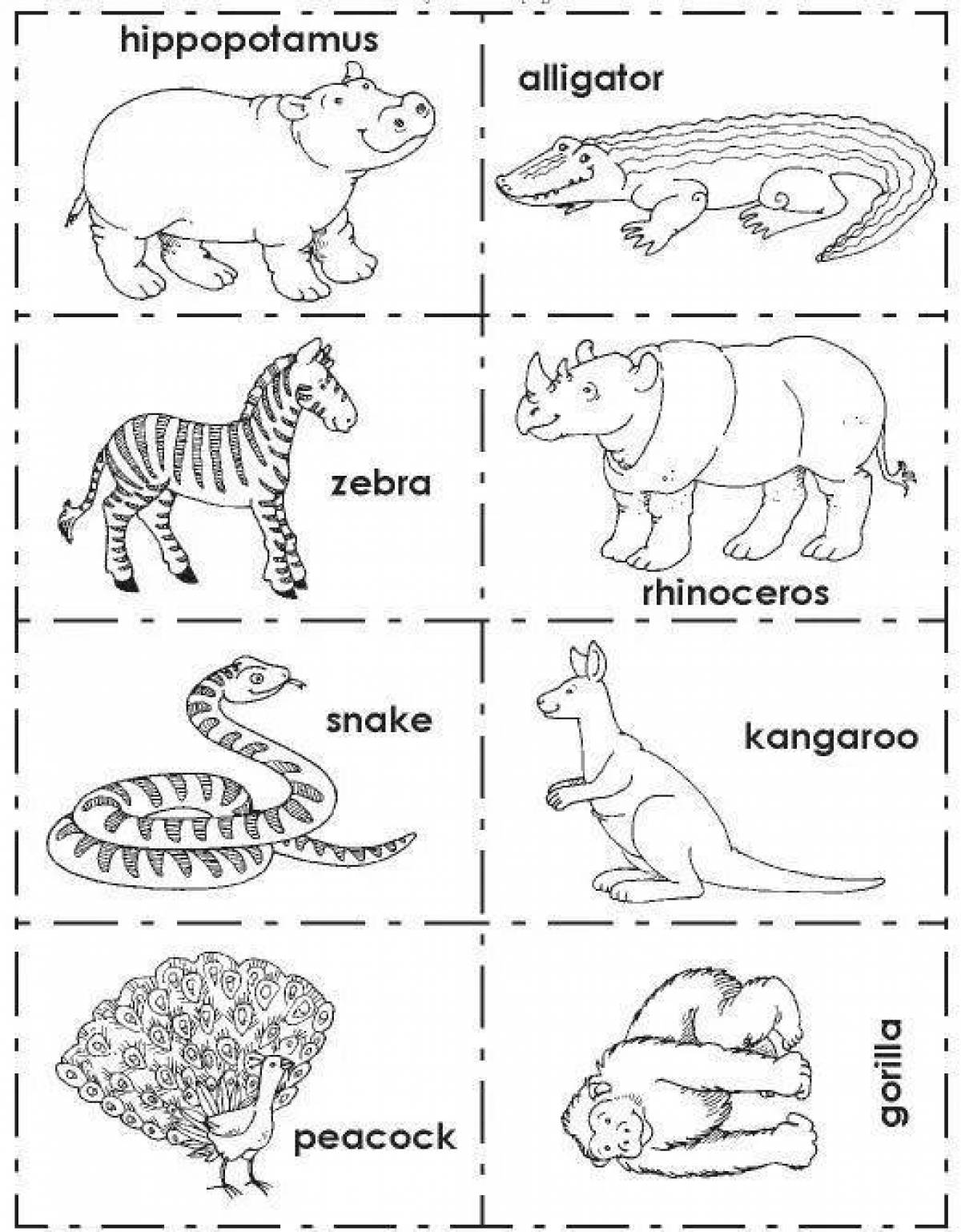 Комическая раскраска животные на английском языке