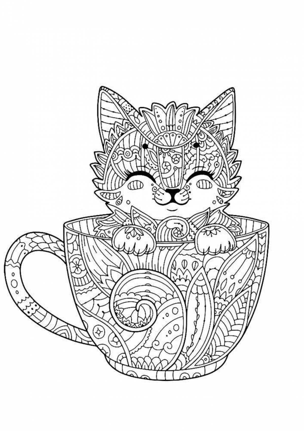 Coloring page playful cat in a mug