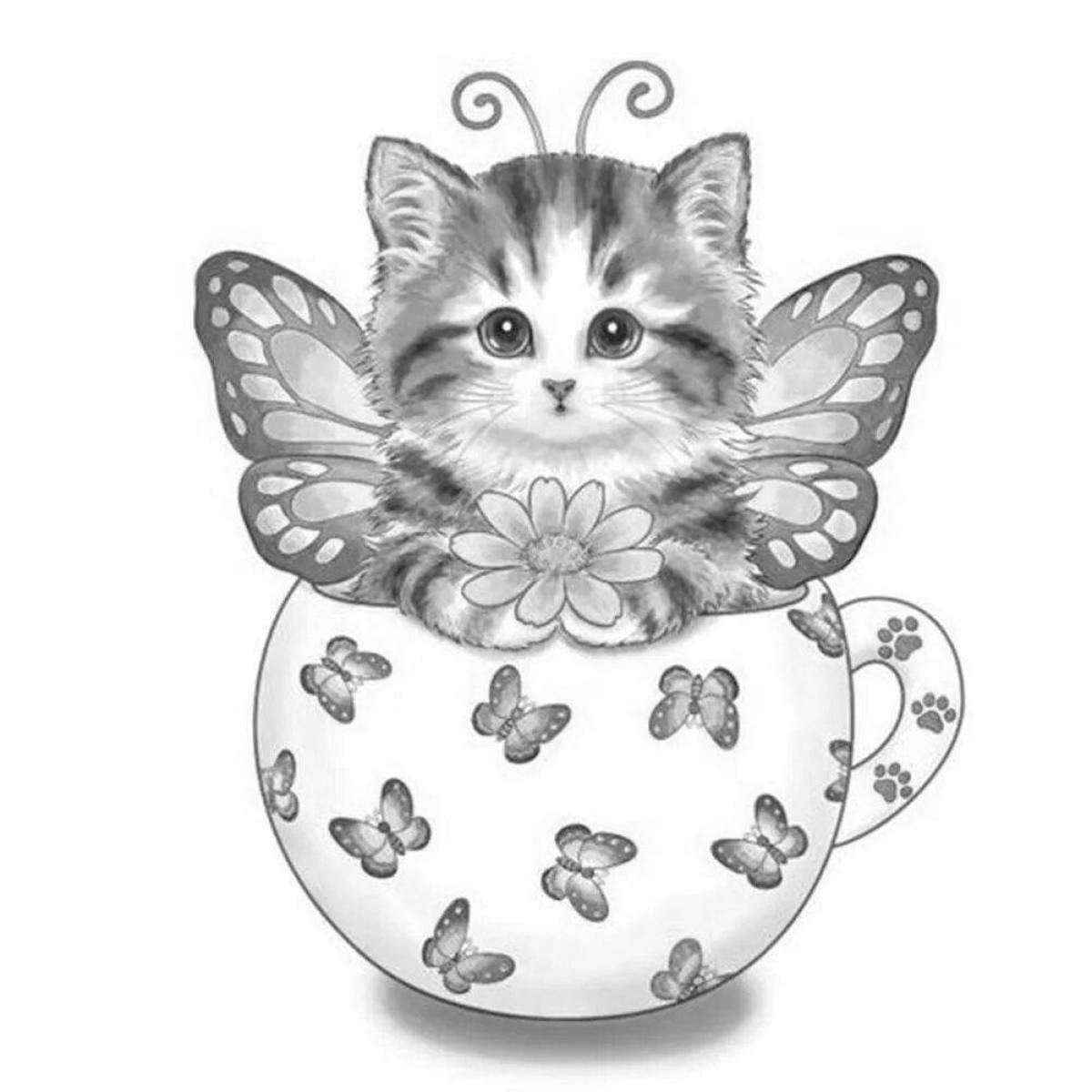 Coloring page fluffy cat in a mug