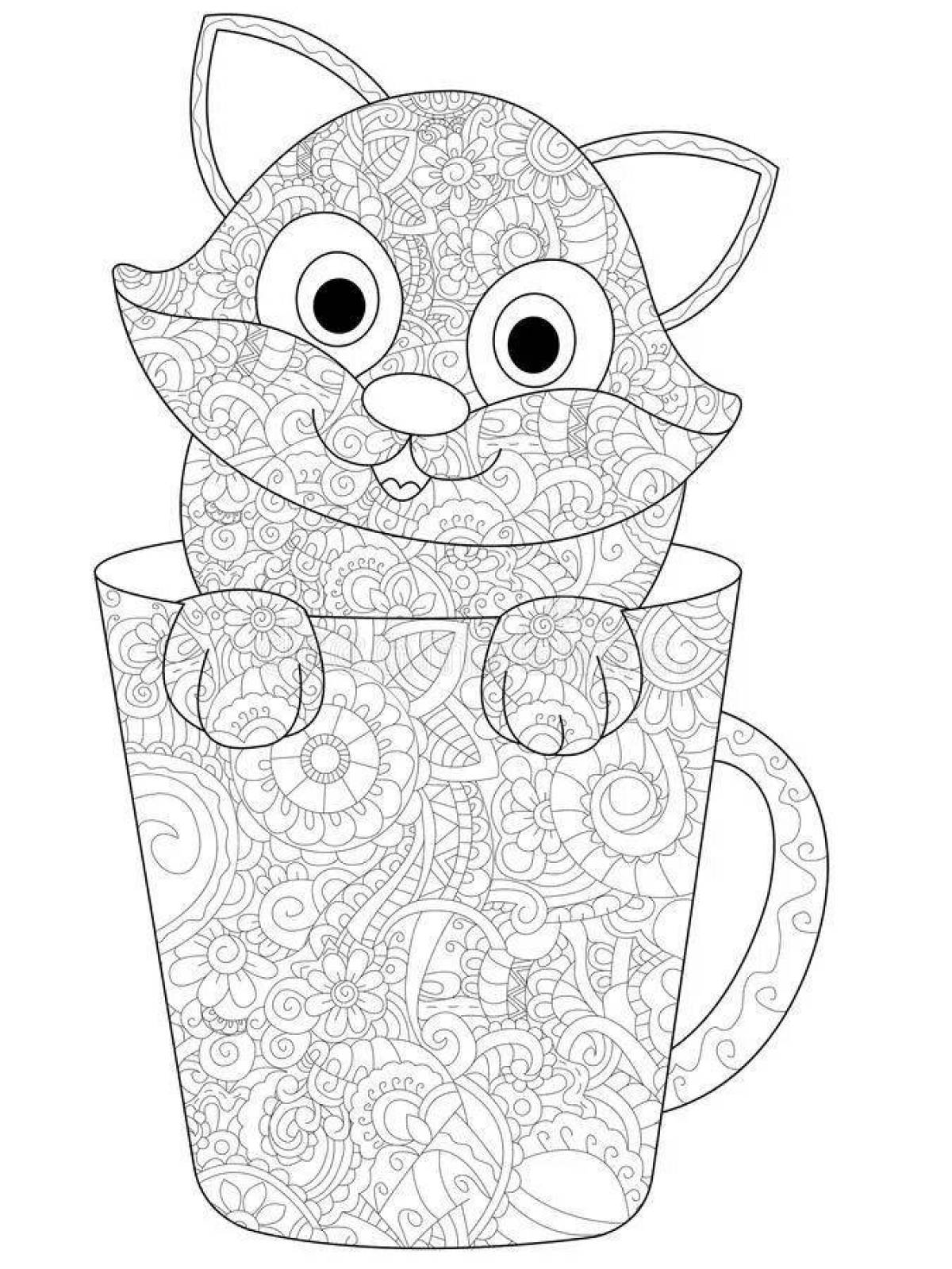 Coloring page mischievous cat in a mug