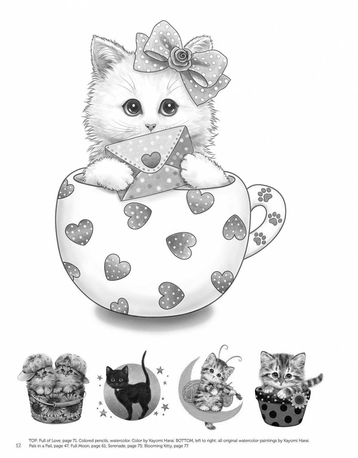 Animated cat in a mug coloring page