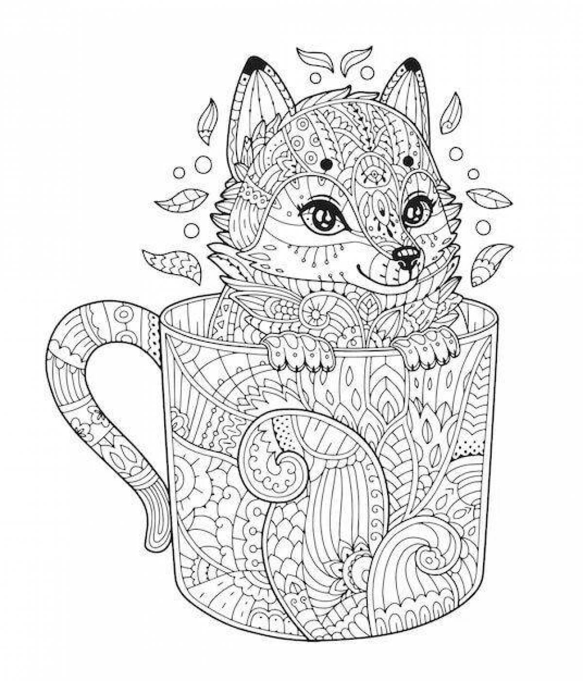 Coloring page witty cat in a mug