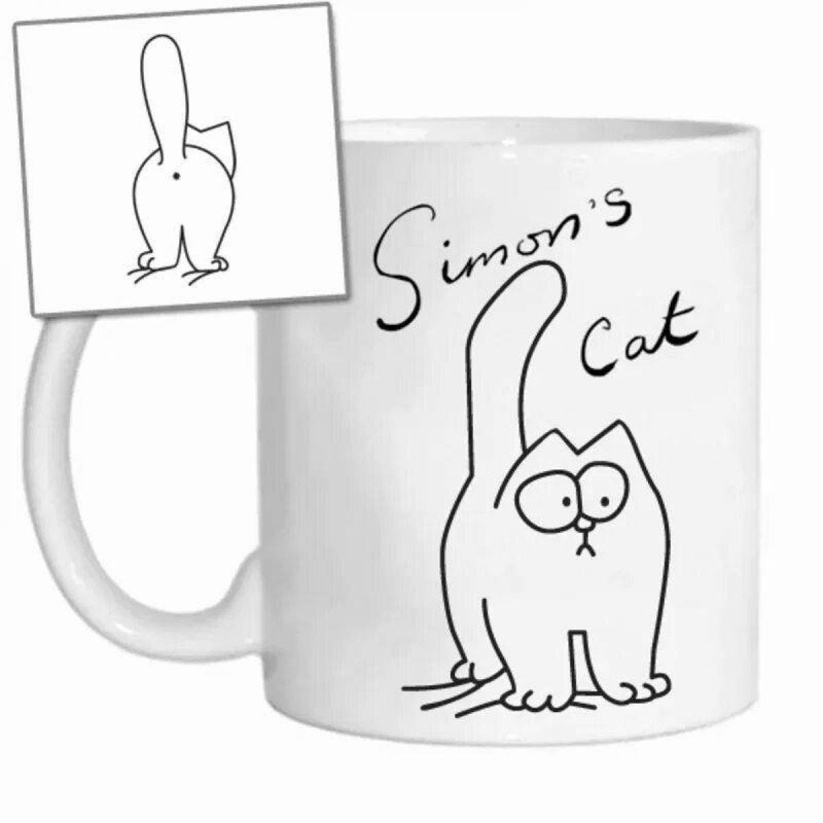 Coloring book smart cat in a mug