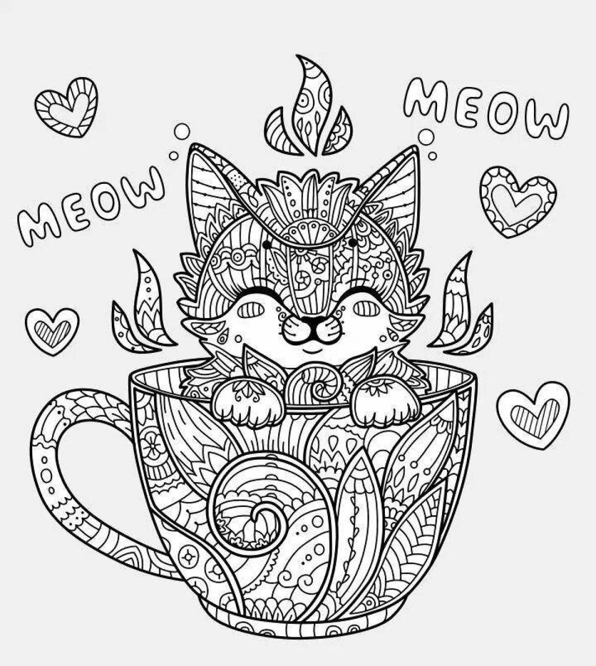 Coloring page magic cat in a mug