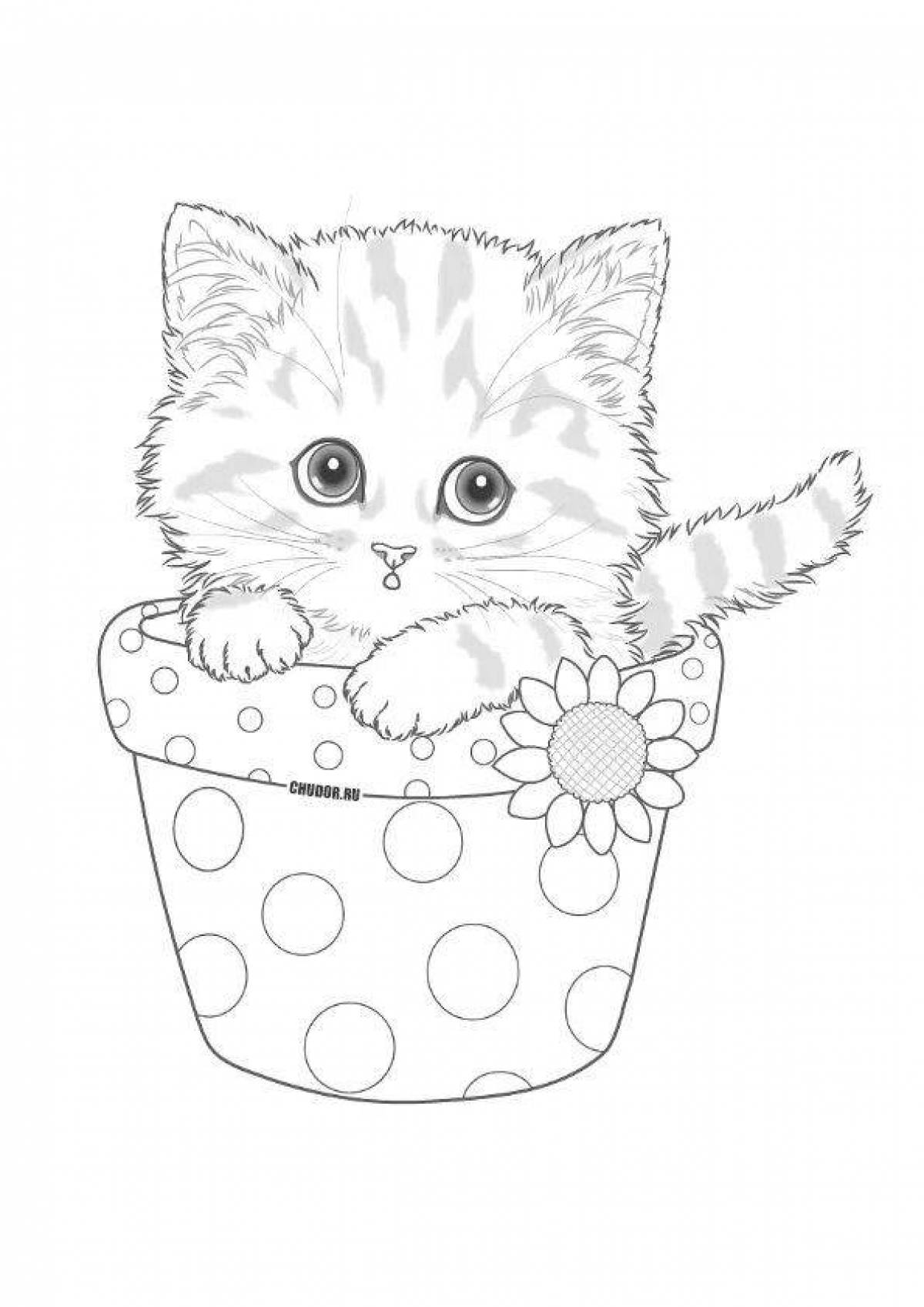 Relaxed cat in a mug coloring book