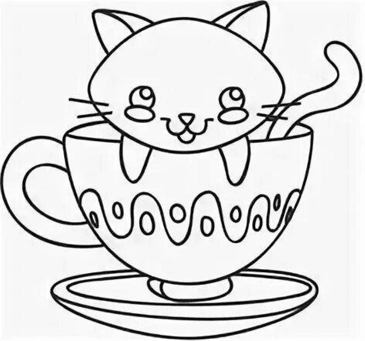 Coloring page napping cat in a mug