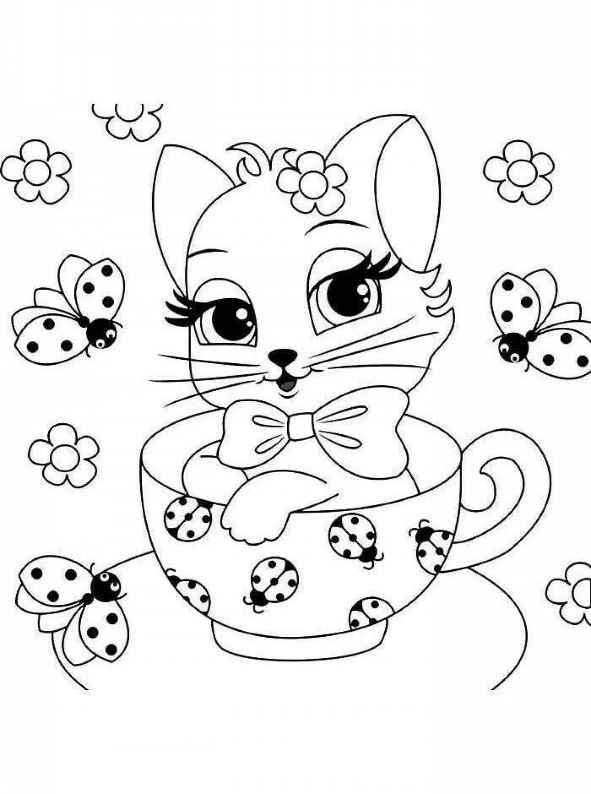 Coloring dreamy cat in a mug